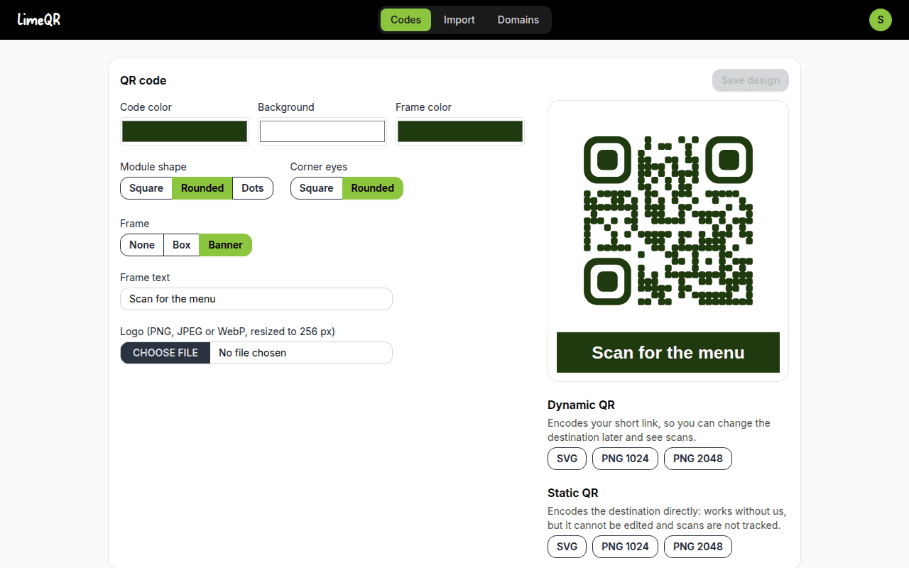 The LimeQR QR code editor: colors, module shape, a 'Scan for the menu' banner, and dynamic and static downloads, on sample data